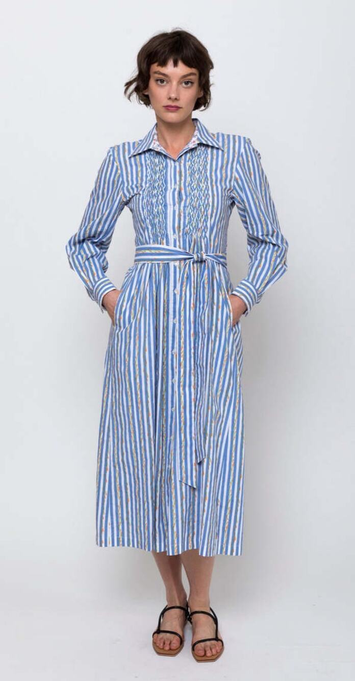 Thierry Colson Wilda Poplin Maxi Shirt Dress XS Blue Stripe Smocked Cotton
